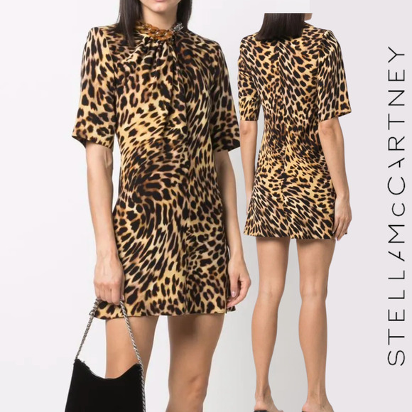 Stella McCartney NWT Chain-Embellished Leopard Print Draped Falabella Dress S - Picture 1 of 16